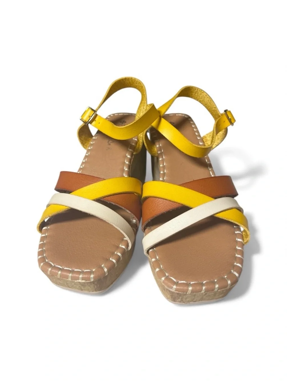 Spring Step Patrizia Yellow, Brown & Cream Cork Wedge Sandals